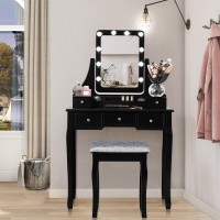 DORTALA Vanity Table Set w/ 360-Degree Rectangular Mirror & Cushioned Stool, Makeup Table w/ 10 LED Dimmable Bulbs, Bedroom Wood Dressing Table w/ 5 Drawers & Removable Box Organizer, Black