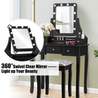 DORTALA Vanity Table Set w/ 360-Degree Rectangular Mirror & Cushioned Stool, Makeup Table w/ 10 LED Dimmable Bulbs, Bedroom Wood Dressing Table w/ 5 Drawers & Removable Box Organizer, Black