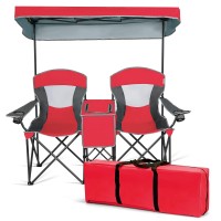 Safstar Double Camping Chair W/Shade Canopy, 2-Person Folding Camp And Beach Chair With Mini Table Beverage Cup Holder Carrying Bag, Collapsible Camping Chairs For Garden Patio Pool Beach, Red
