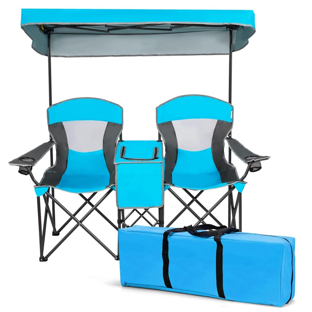 Safstar Double Camping Chair, Folding Camping Chair With Canopy Shade & Mini Table, Beverage Cup Holder Carrying Bag, Camp Canopy Chairs, 2-Person Loveseat Camping Chair For Adult Outdoors Sport, Blue