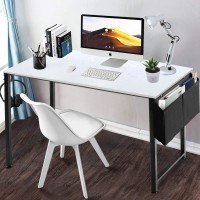 Lufeiya Computer Desk White Writing Table For Small Spaces Home Office 39 Inch Modern Study Pc Desk With Storage Bag Hook White