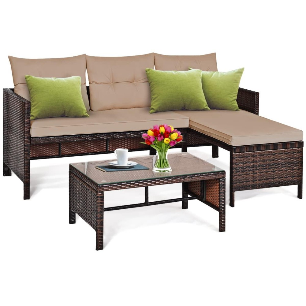 Dortala 3 Piece Patio Furniture Set, Outdoor Rattan Sectional Sofa Set W/Seat Cushions, Coffee Table, Steel Frame Patio Wicker Rattan Conversation Furniture Set For Garden Lawn Deck (Brown)