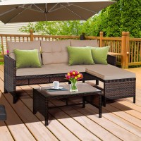 Dortala 3 Piece Patio Furniture Set, Outdoor Rattan Sectional Sofa Set W/Seat Cushions, Coffee Table, Steel Frame Patio Wicker Rattan Conversation Furniture Set For Garden Lawn Deck (Brown)