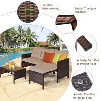 Dortala 3 Piece Patio Furniture Set, Outdoor Rattan Sectional Sofa Set W/Seat Cushions, Coffee Table, Steel Frame Patio Wicker Rattan Conversation Furniture Set For Garden Lawn Deck (Brown)