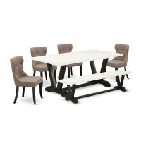 East West Furniture 6Piece Kitchen Dining Table SetCoffee Linen Fabric Seat and Button Tufted Back Dining Chairs a Wooden Ben