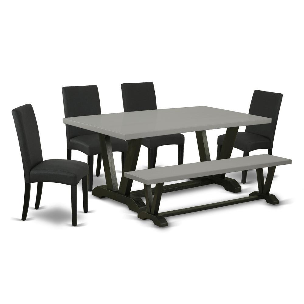 East West Furniture 6Pc kitchen table setBlack Linen Fabric Seat and High Stylish Chair Back Dining chairs A Rectangular Benc