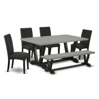 East West Furniture 6Pc kitchen table setBlack Linen Fabric Seat and High Stylish Chair Back Dining chairs A Rectangular Benc