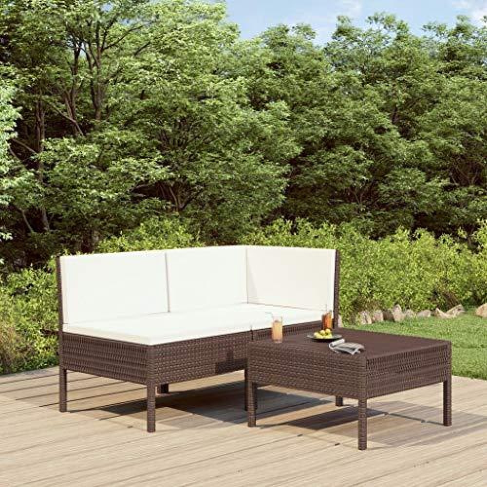 Vidaxl Patio Lounge Set With Cushions 3 Pieces Garden Outdoor Balcony Terrace Sofa Furniture Set Lounge Seating Tea Table Poly Rattan Brown