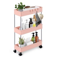 Kpx Slim Rolling Storage Cart Kitchen Small Shelves Organizer With Casters Wheels Mobile Bathroom Slide Utility Cart, Small Shelf For Laundry Room, Make Up, Home School, Dorm Room (3-Tier, Pink)