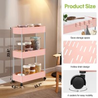 Kpx Slim Rolling Storage Cart Kitchen Small Shelves Organizer With Casters Wheels Mobile Bathroom Slide Utility Cart, Small Shelf For Laundry Room, Make Up, Home School, Dorm Room (3-Tier, Pink)