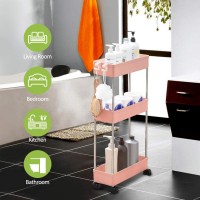 Kpx Slim Rolling Storage Cart Kitchen Small Shelves Organizer With Casters Wheels Mobile Bathroom Slide Utility Cart, Small Shelf For Laundry Room, Make Up, Home School, Dorm Room (3-Tier, Pink)