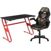 Red Gaming Desk And Camouflage/Black Racing Chair Set With Cup Holder And Headphone Hook