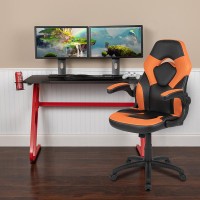 Red Gaming Desk and Orange/Black Racing Chair Set with Cup Holder and Headphone Hook