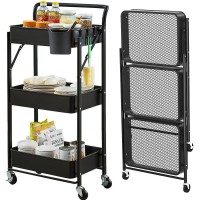 Foldable Rolling Cart 3 Tier Metal Utility Organizer Cart No Assembly Folding Slim Storage Cart With Wheels & Hanging Basket For Bathroom,Kitchen Pantry Cart (Black)
