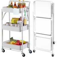 Foldable Storage Cart 3 Tier Rolling Cart No Assembly Folding Metal Slim Storage Cart With Wheels & Hanging Basket Utility Organizer Cart For Dorm/Kitchen Pantry/Classroom(White)