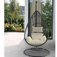 Whiteline Modern Outdoor Living Eg1684-Grywht Bravo Patio Egg Chair, Grey Wicker Frame And Beige Stand With Cushion, Gray