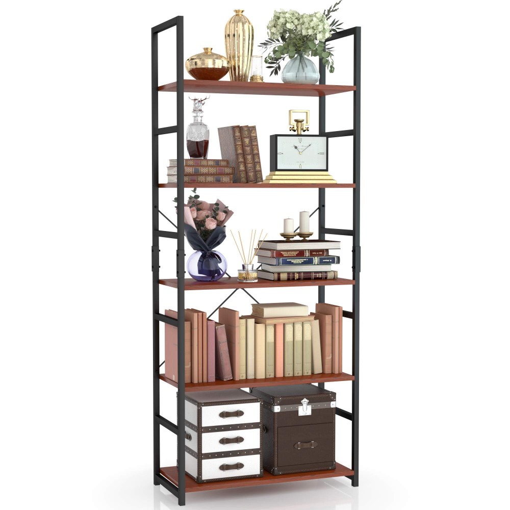 Numenn 5 Tier Bookshelf Tall Bookcase Shelf Storage Organizer Modern Book Shelf For Bedroom Living Room And Home Office Teak