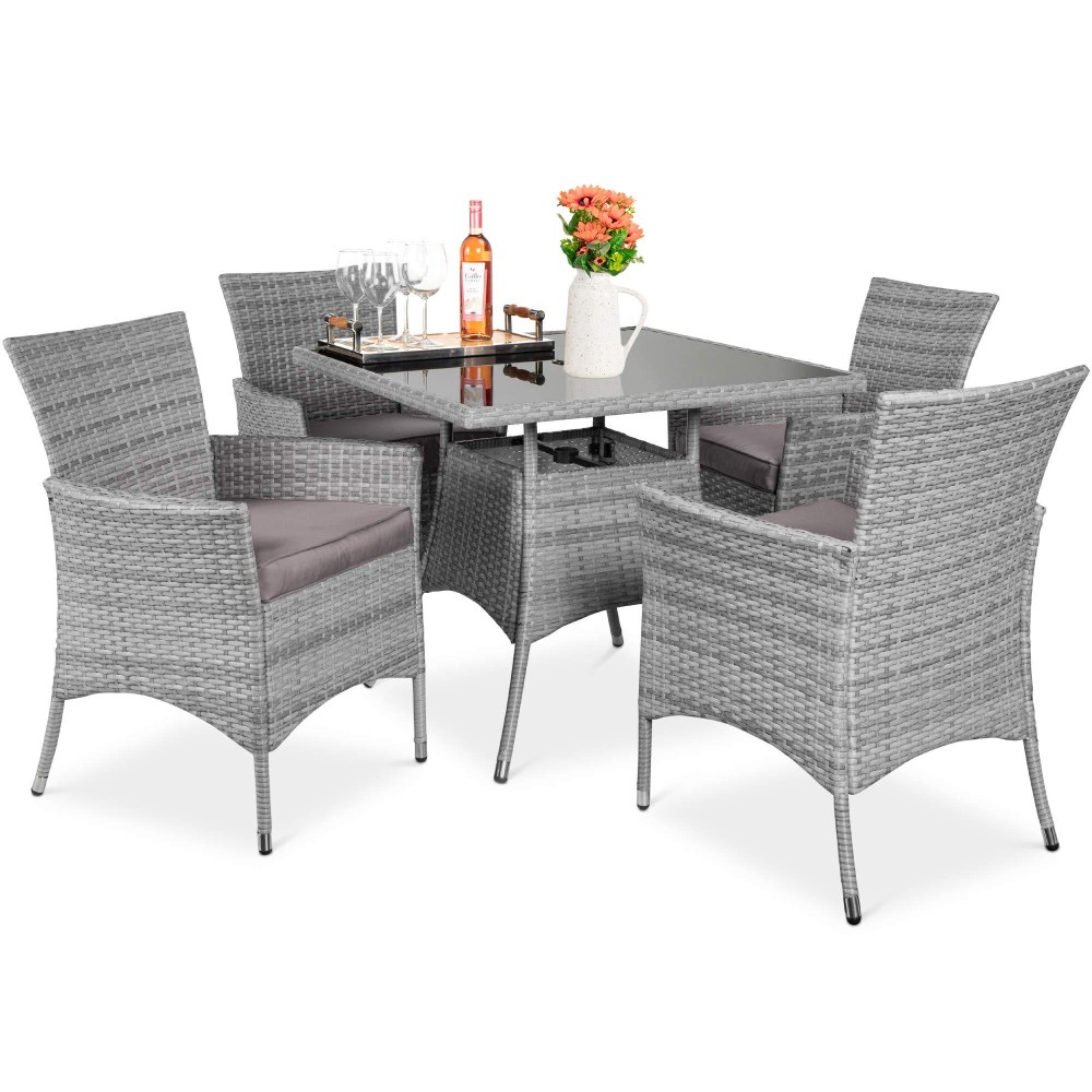 Best Choice Products 5Piece Indoor Outdoor Wicker Dining Set Furniture For Patio Backyard Wsquare Glass Tabletop Umbrella Cu