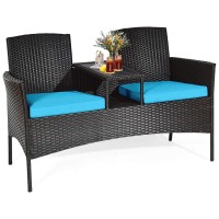 Dortala Outdoor Patio Loveseat, Wicker Conversation Set With Cushions And Built-In Coffee Table, 2 Person Rattan Seating For Garden Lawn Backyard, Dark Brown+Turquoise
