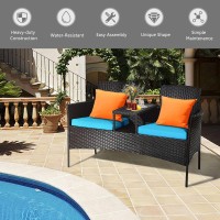 Dortala Outdoor Patio Loveseat, Wicker Conversation Set With Cushions And Built-In Coffee Table, 2 Person Rattan Seating For Garden Lawn Backyard, Dark Brown+Turquoise