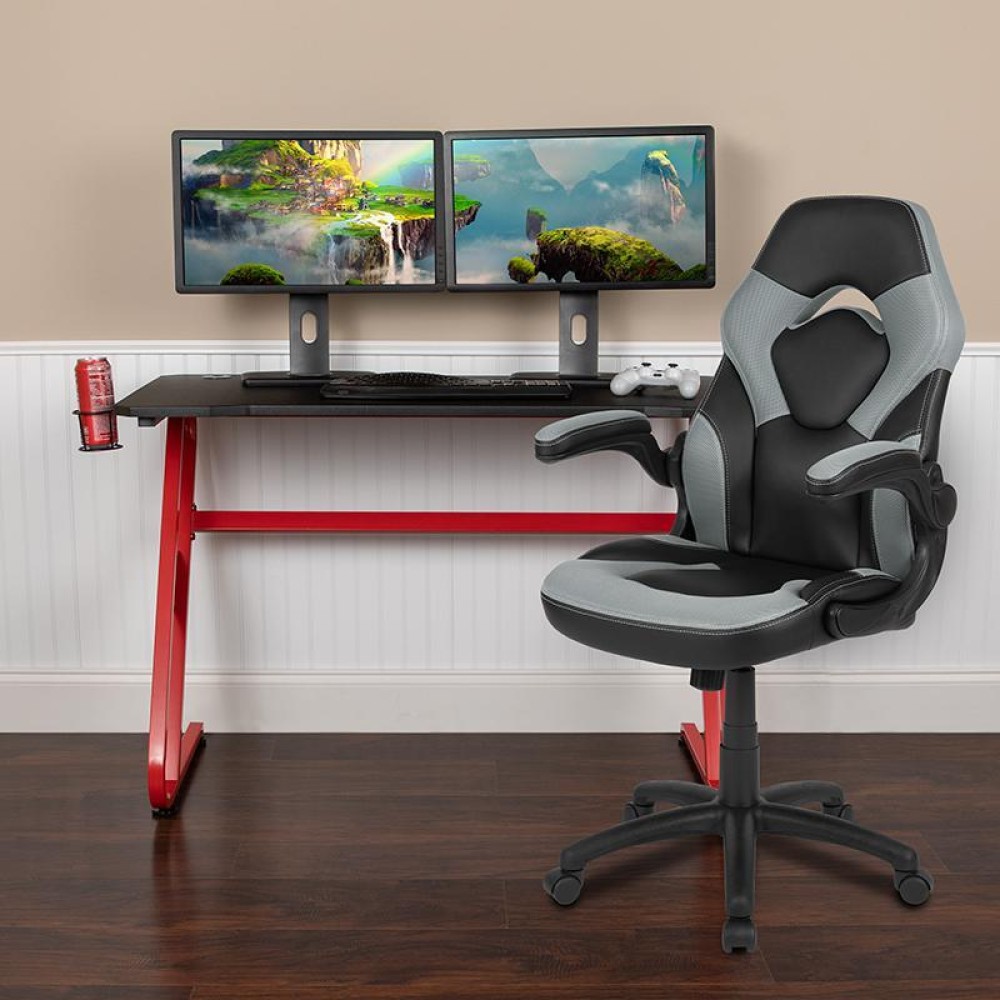 Red Gaming Desk And Gray/Black Racing Chair Set With Cup Holder And Headphone Hook