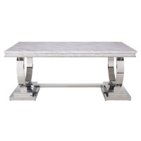 Acme Zander Dining Table In White Printed Faux Marble And Mirrored Silver Finish