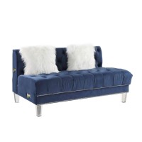 Acme Ezamia Velvet Tufted Sectional Sofa With 2 Pillows In Navy Blue