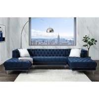 Acme Ezamia Velvet Tufted Sectional Sofa With 2 Pillows In Navy Blue