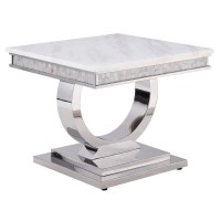 Acme Furniture Zander End Table, White Printed Faux Marble & Mirrored Silver Finish