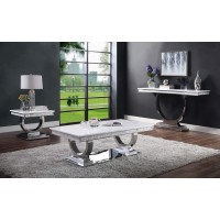 Acme Furniture Zander End Table, White Printed Faux Marble & Mirrored Silver Finish