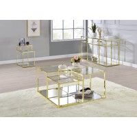 Acme Uchenna Glass Side Table With 2 Open Storage Compartments In Clear And Gold