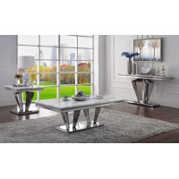 Satinka Coffee Table In Light Gray Printed Faux Marble & Mirrored Silver Finish
