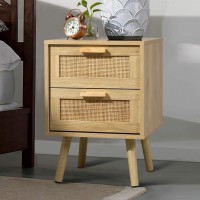 Finnhomy Nightstand, End Table, Side Table With 2 Hand Made Rattan Decorated Drawers, Wood Accent Table With Storage For Bedroom, Natural (Patented)