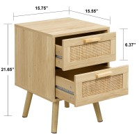 Finnhomy Nightstand, End Table, Side Table With 2 Hand Made Rattan Decorated Drawers, Wood Accent Table With Storage For Bedroom, Natural (Patented)