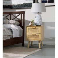 Finnhomy Nightstand, End Table, Side Table With 2 Hand Made Rattan Decorated Drawers, Wood Accent Table With Storage For Bedroom, Natural (Patented)