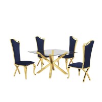 Contemporary Glass 5pc Dining Set Glass Top Dining Table and Velvet Side Chairs with Gold Stainless Steel Frame Navy Blue