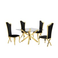 Contemporary Glass 5pc Dining Set Glass Top Dining Table and Velvet Side Chairs with Gold Stainless Steel Frame Black