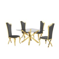 Contemporary Glass 5pc Dining Set Glass Top Dining Table and Velvet Side Chairs with Gold Stainless Steel Frame Dark Grey