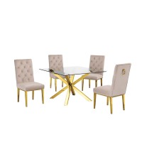 Contemporary Glass 5pc Dining Set Glass Top Dining Table and Velvet Tufted Side Chairs with Gold Stainless Steel Frame Beige