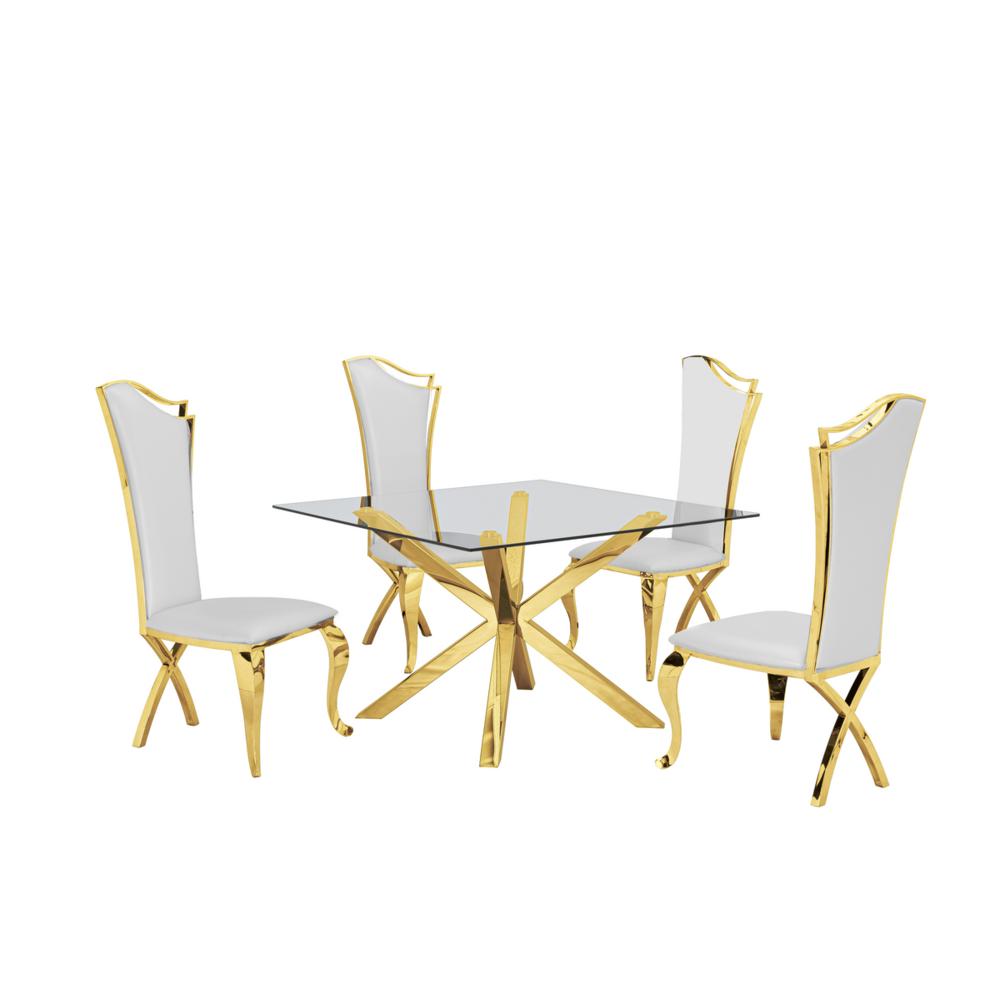 Contemporary Glass 5pc Dining Set Glass Top Dining Table and Faux Leather Side Chairs with Gold Stainless Steel Frame White