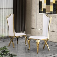 Contemporary Glass 5pc Dining Set Glass Top Dining Table and Faux Leather Side Chairs with Gold Stainless Steel Frame White