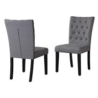 Classic Upholstered Side Chair Tufted in Linen Fabric Set of 2 Dark Grey