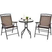 Dortala 3-Piece Outdoor Indoor Bistro Conversation Set, Patio Pub Dining Set With 2 Folding Chairs & Round Tempered Glass Table, Umbrella Cutout, Outdoor Dining Furniture Set For Garden Pool Backyard