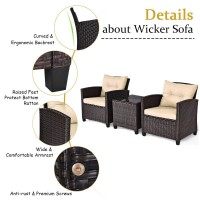 Dortala 3 Pieces Patio Furniture Set, Outdoor Wicker Rattan Conversation Sofa Set With Cushion, Tempered Glass Top Table For Backyard Porch Garden Poolside Balcony, Beige