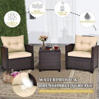 Dortala 3 Pieces Patio Furniture Set, Outdoor Wicker Rattan Conversation Sofa Set With Cushion, Tempered Glass Top Table For Backyard Porch Garden Poolside Balcony, Beige