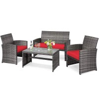 Dortala 4 Piece Patio Furniture Set, Outdoor Wicker Conversation Set With Soft Cushions & Tempered Glass Coffee Table, Rattan Patio Sofa Bistro Sets For Courtyard Balcony, Red