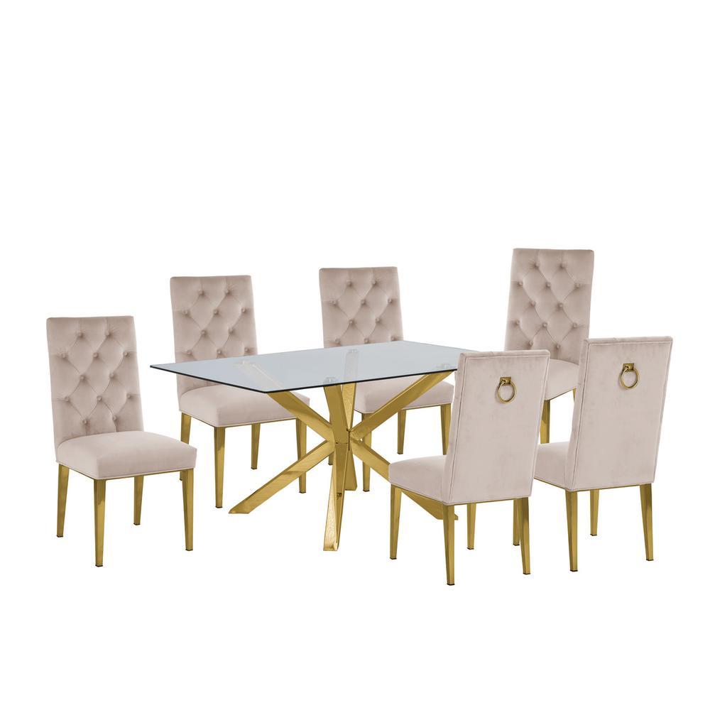 Contemporary 7pc Dining Set Glass Dining Table wStainless Steel Gold Base Velvet Tufted Chrome Leg Dining Chairs Beige