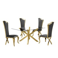 Contemporary 5pc Dining Set Glass Dining Table wStainless Steel Gold Base Velvet Stainless Steel Dining Chairs Dark Grey