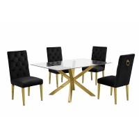 Contemporary 5pc Dining Set Glass Dining Table wStainless Steel Gold Base Velvet Tufted Chrome Leg Dining Chairs Black