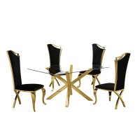 Contemporary 5pc Dining Set Glass Dining Table wStainless Steel Gold Base Velvet Stainless Steel Dining Chairs Black